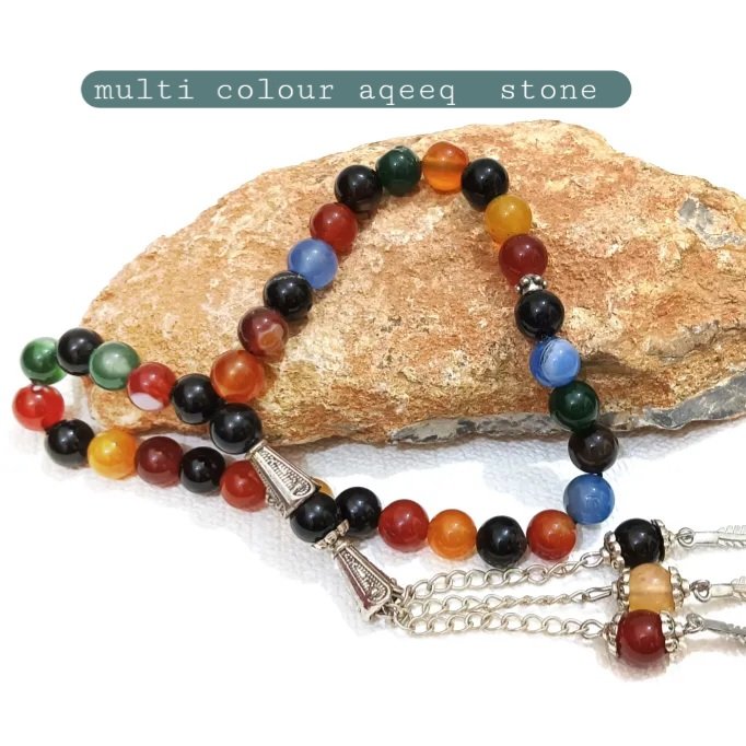 Premium multi colour natural aqeeq stone tasbeeh 33 beads. - Image 6