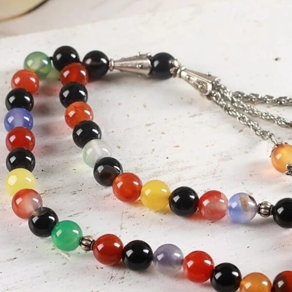 Premium multi colour natural aqeeq stone tasbeeh 33 beads.