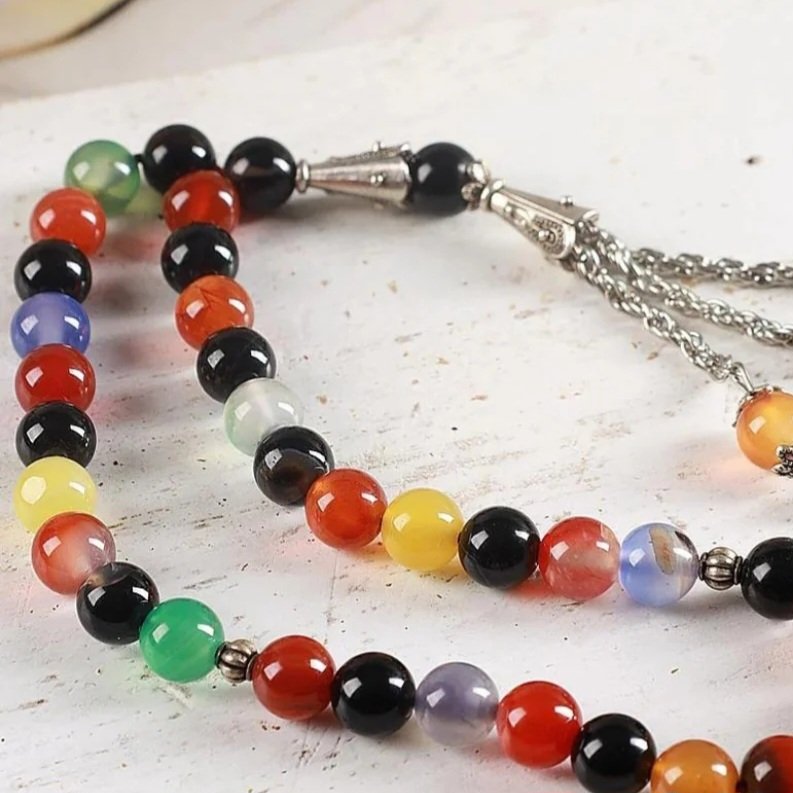 Premium multi colour natural aqeeq stone tasbeeh 33 beads. - Image 8