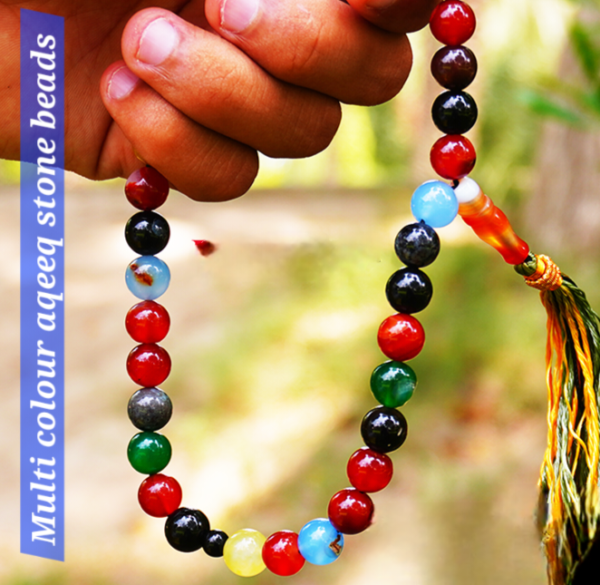 Premium multi colour natural aqeeq stone tasbeeh 33 beads.
