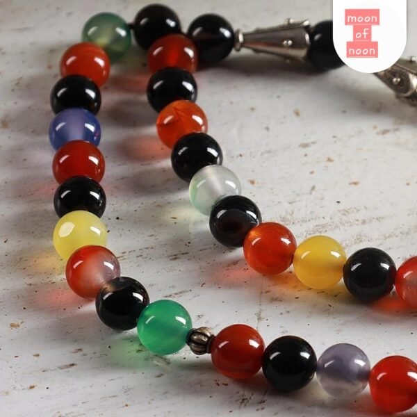 Premium multi colour natural aqeeq stone tasbeeh 33 beads.