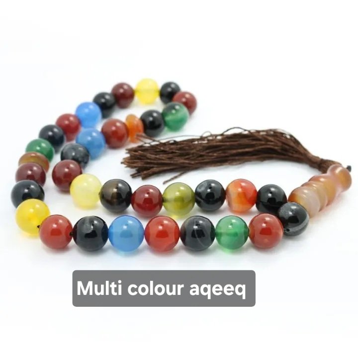 Premium multi colour natural aqeeq stone tasbeeh 33 beads.