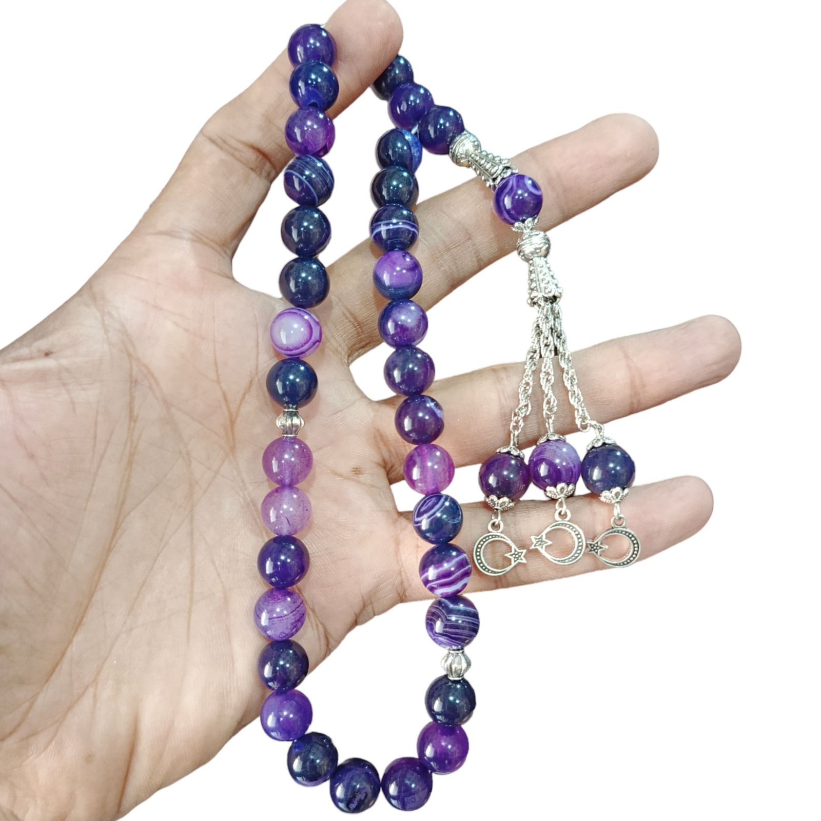 Elegant Purple Striped Agate Stone Tasbeeh – Handmade Misbaha / Tasbih