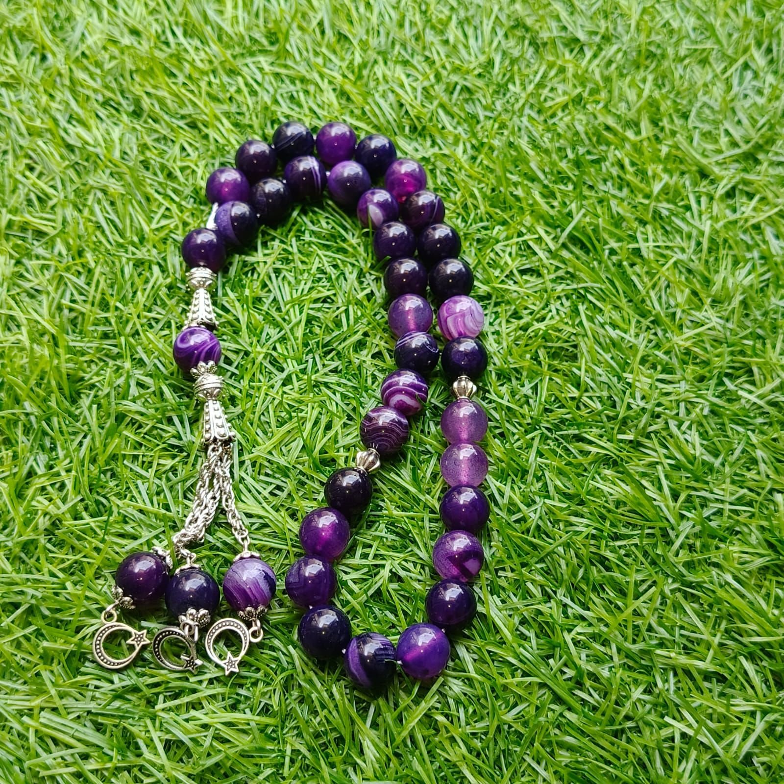 Elegant Purple Striped Agate Stone Tasbeeh – Handmade Misbaha / Tasbih - Image 4