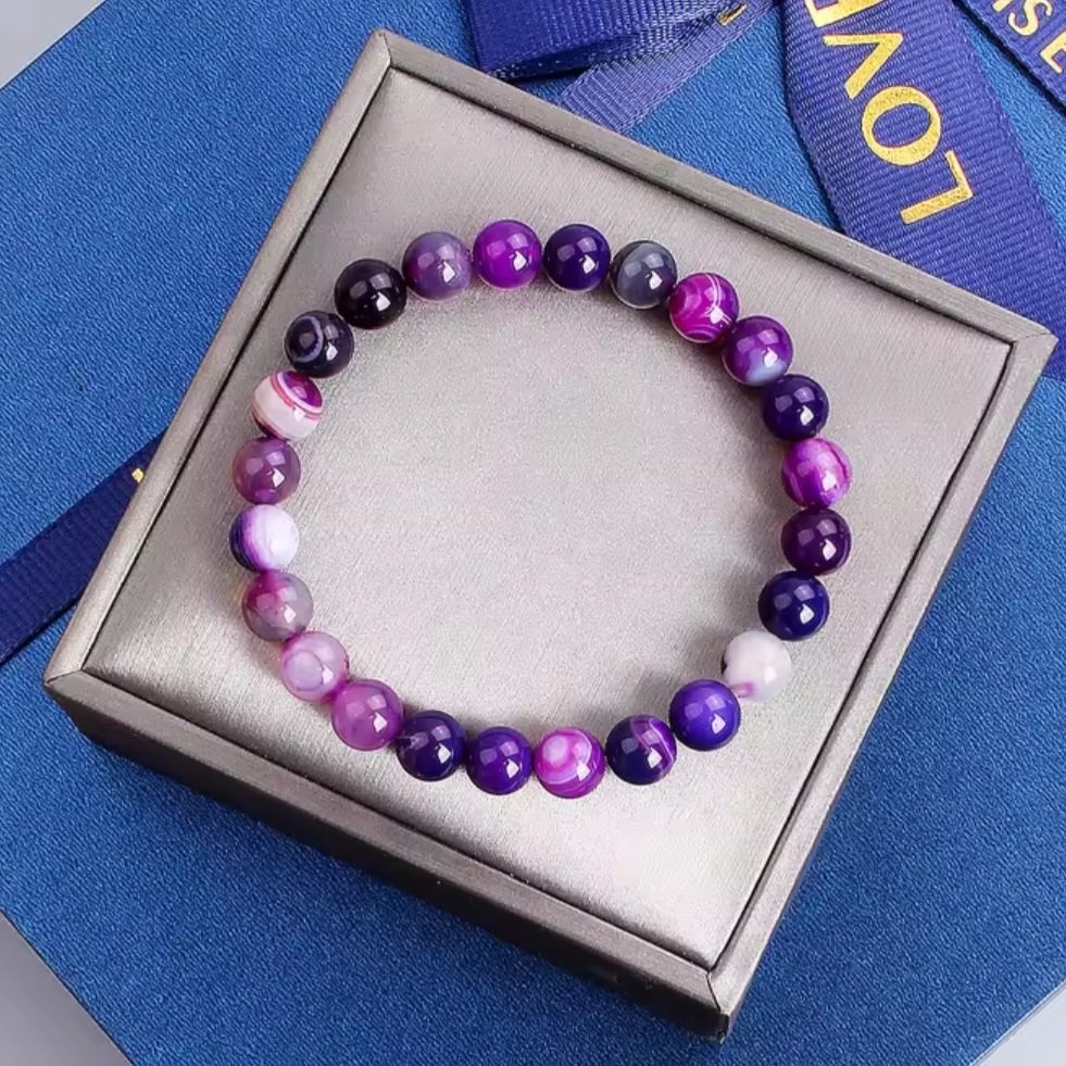 Boho Purple Striped Agate Bracelet – Colorful Natural Stone Jewelry - Image 3