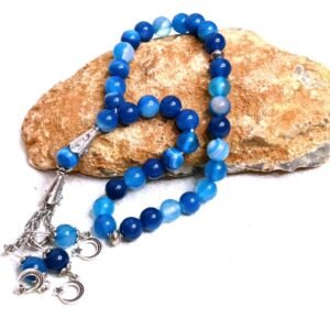 Elegant Blue Striped Agate Tasbeeh – Natural Stone Prayer Beads