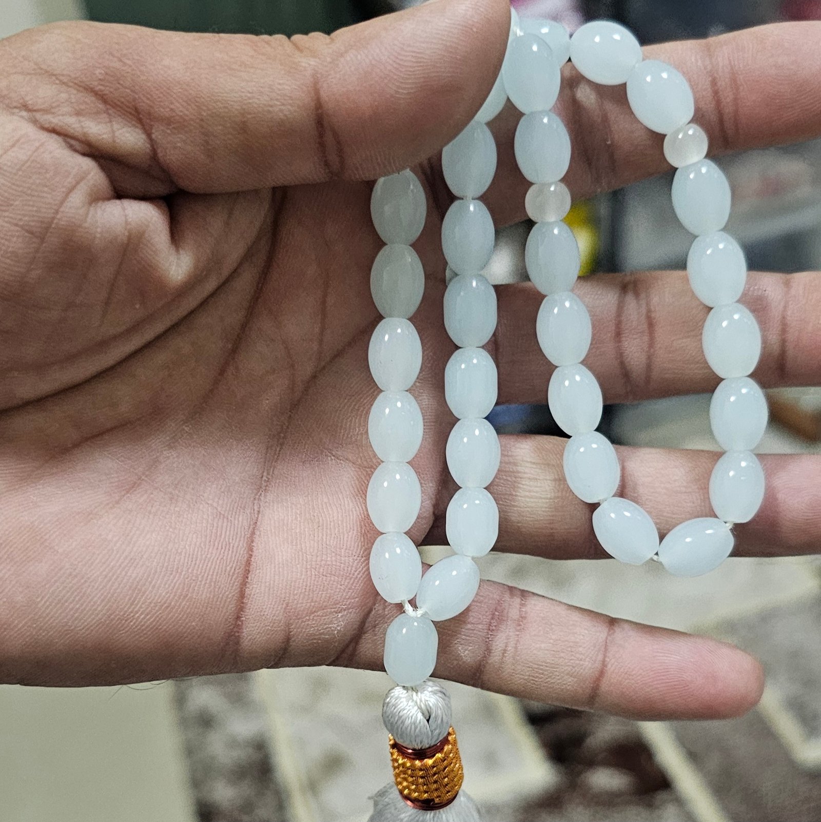 White Oval Jade Tasbeeh 33 Beads – Elegant Spiritual Prayer Beads 🤍✨